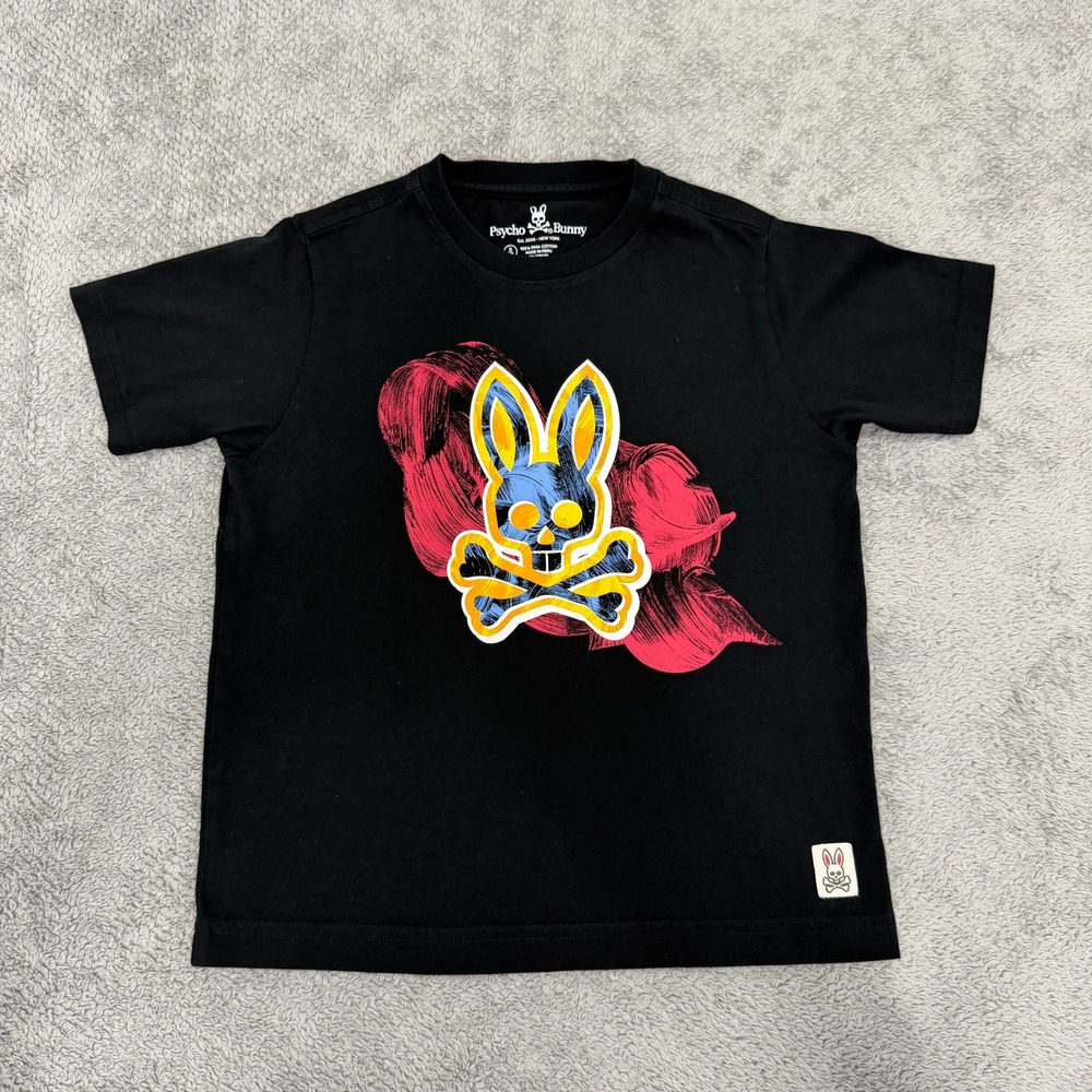 Psycho Bunny T-Shirt Kids Size S 7/8 Black Graphic Print Pima Cotton Tee